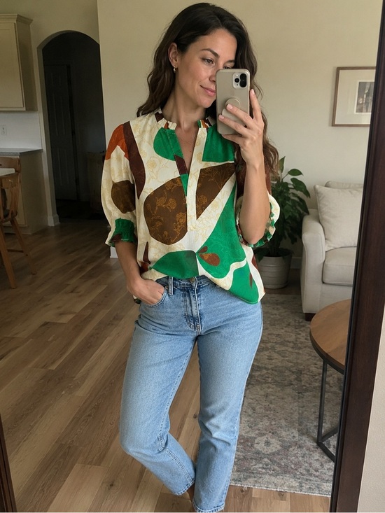 Maude Vivante Tops - Abstract Cotton Blouse XS Puff Sleeve Boho Artsy Top